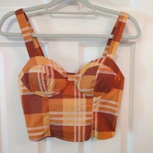Twine & String Pumpkin Plaid Cotton Lightly Padded Smocked Back Bustier/ Top M